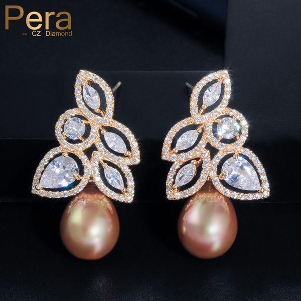 

pera shiny hollow cut white cubic zirconia vintage gold long leaf hanging pearl earrings for women wedding custume jewelry e421, Silver