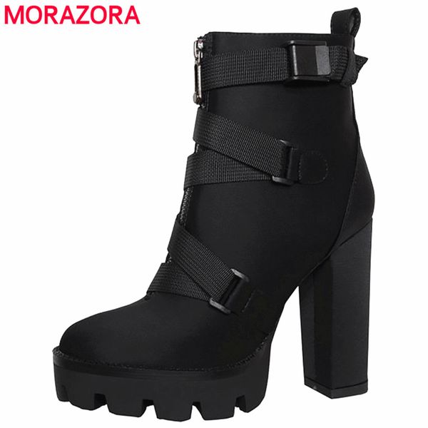 

morazora 2020 new arrival ankle boots women autumn winter high heels platform boots zip buckle party prom shoes female, Black