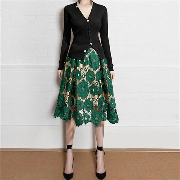 

женщины европейский элегантный кружевной полый цветок полудлинная юбка осень повседневная эластичная талия a-line юбка, Black