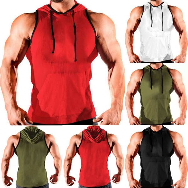 

men gym muscle tank sleeveless hoodies sport bodybuilding exercise athletic vest fitness hooded plus m-3xl, Black;blue