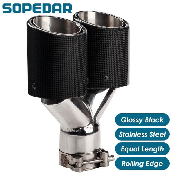 

sopedar car dual exhaust muffler tip rolling edge y model glossy car exhaust carbon black tip stainless tail pipe ap18kr
