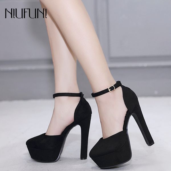 

2019 spring autumn suede shoes women fashion high heels 14cm spike heels ankle strap black beige platform pumps party shoes