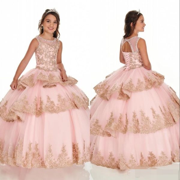 

2020 pink flower girls' dresses gold applique tiered skirt tulle beaded crystals jewel neck sleeveless little girl pageant ball gown, White;blue
