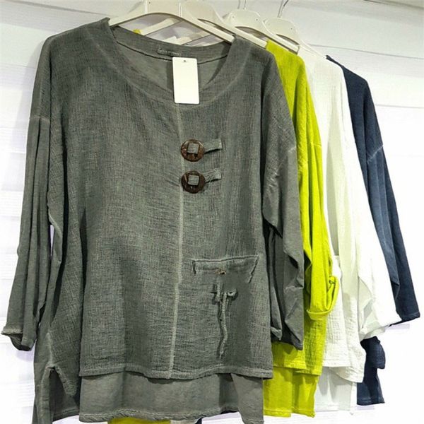 

2019 europe and the united states new women's shirt explosion models cotton and linen solid color round neck long-sleeved shirt, White