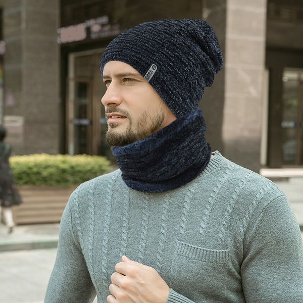 

men winter solid knitted scarf set snood neck beanie hat easy scarves plus velvet thick knit hat and muffler#p30