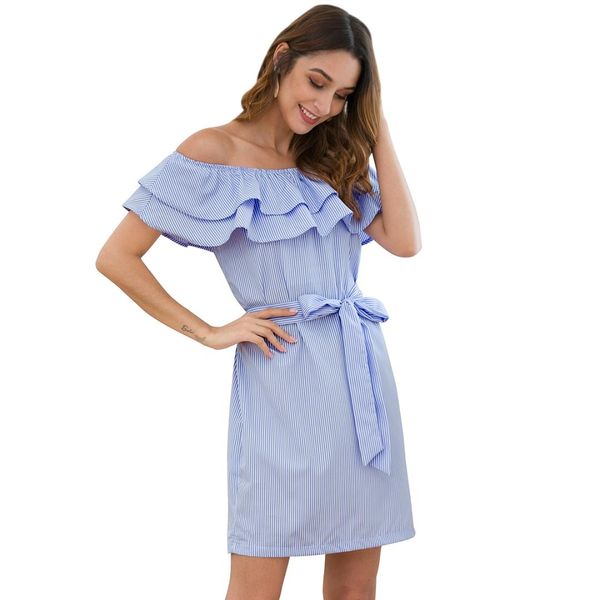 

european and american brief striped women new double-layer ruffled word shoulder strap waist fashion striped open back dresses, White