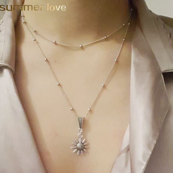 

new vintage multi layer sunflower necklace silver chain beaded choker necklaces for women simple dainty jewelry gifts