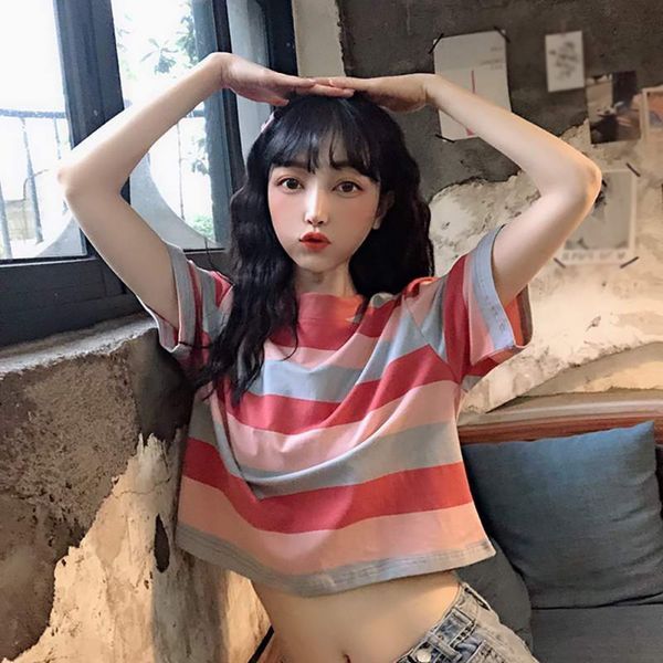 

female t-shirt women's shirt fashion casual o neck striped short sleeve loose pullover crop t-shirts for women, White
