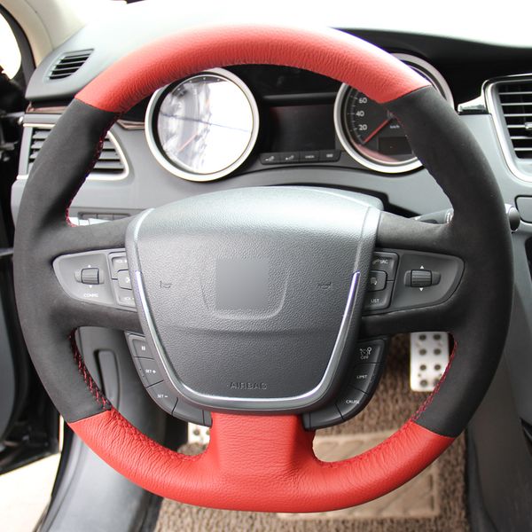 

red genuine leather black suede hand-stitched car steering wheel cover for peugeot 508