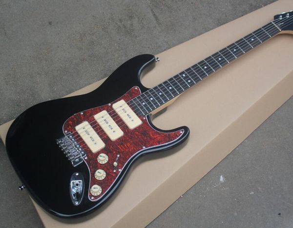 

бесплатная доставка завод черная гитара электрическая с 3-p90 модели пикапов, red накладкой, chrome аппаратных средствами, большой шпиндельн