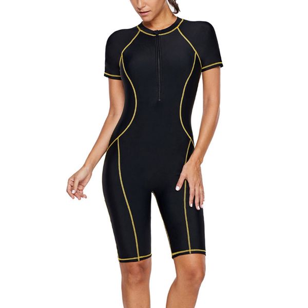 

short sleeve zip front beach color block summer diving surfing one-piece women swimsuit black wetsuit bathing quick-drying