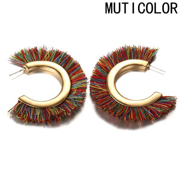 

1 pair retro boho fan shaped alloy round circle women coloful tassel stud round earrings gifts for girlfriend, Silver