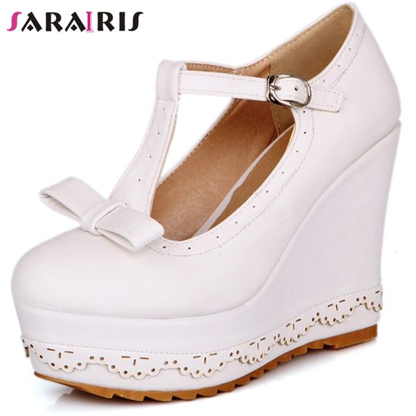 

sarairis big size 34-43 new female fashion bowtie wedges high heels pumps platform party ol pumps women mary janes shoes woman, Black
