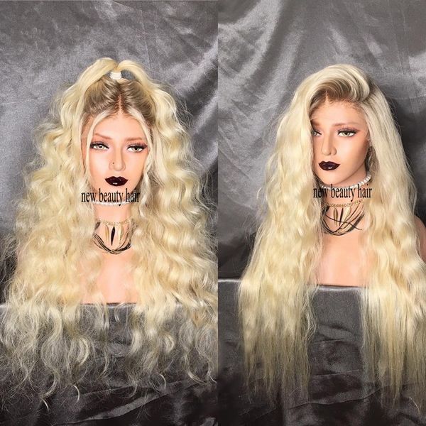 Mode Kylie Jenner Stil braune Wurzeln 613 Blonde Ombre Lace Front Perücke vorgezupft mit Babyhaar nasse Welle synthetische Spitze Haarperücken