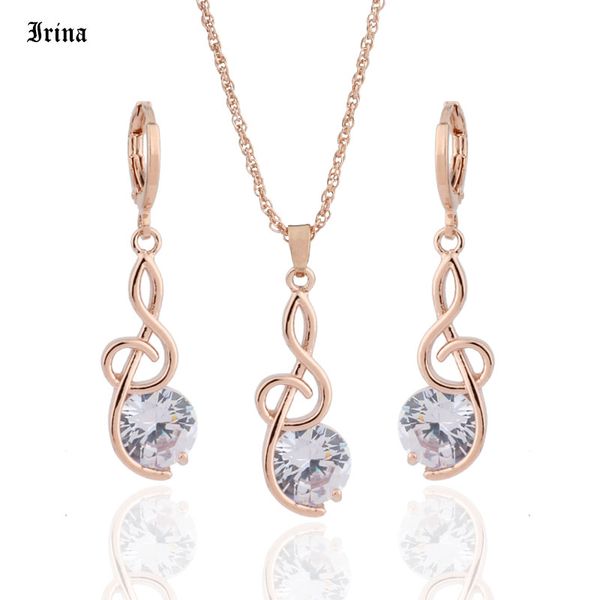 

rose gold-color romantic musical note pendant crystal necklace earrings cubic zirconia jewelry sets for women aretes 2020, Silver