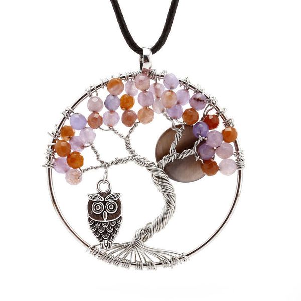 

owl charms pendant necklace beads gemstones chakra natural stone tree of life fashion crystal jewelry gift with rope chain for women lady, Silver
