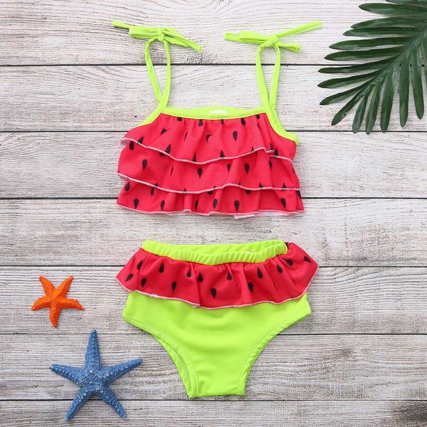 

toddler kids girl swimwear watermelon printed layered bikini swimsuit beach set, White