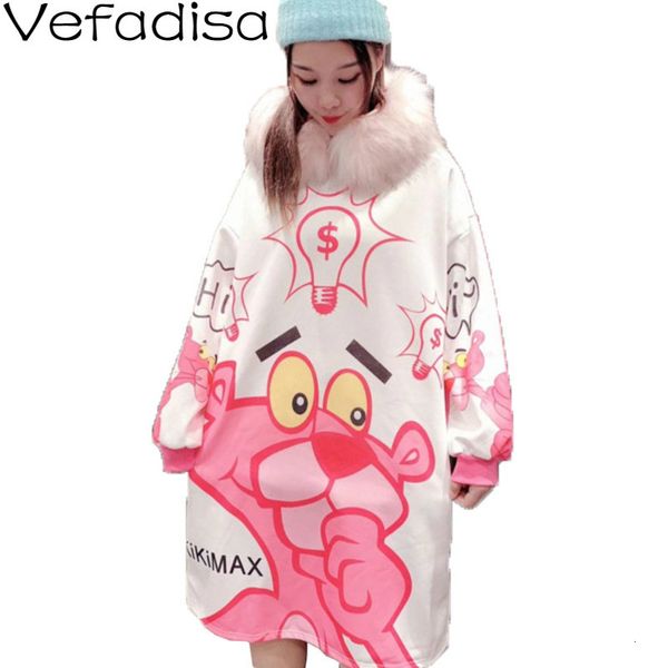 

vefadisa hooded sweatshirt dress woman 2019 winter fur collar pullovers cartoon printing sweatshirt dress pink panther qyf974, Black