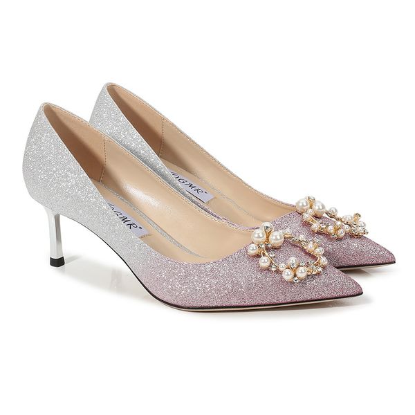 

big size 35-41 gradient pearl lady wedding pumps pointed toe 6cm 8cm high-heeled banquet dress shoes for bridal 3 colors, Black