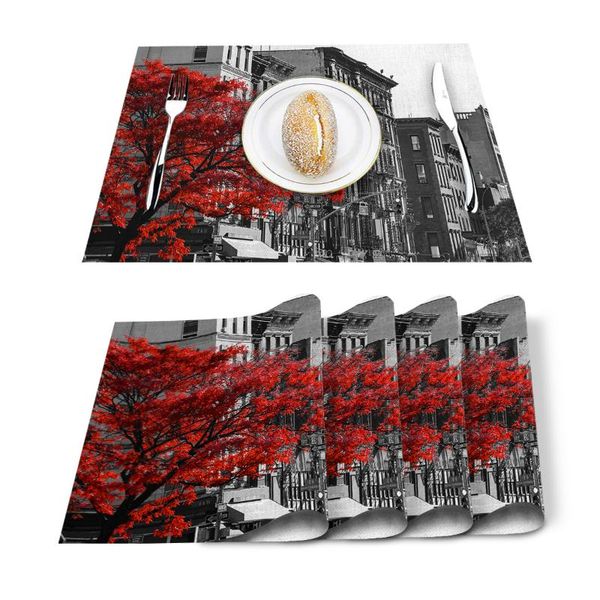 

4/6 штук placemat street city apartment red fall tree таблица мат для таблиц теплоизоляционный cotton белье для кухни обеденные колодки