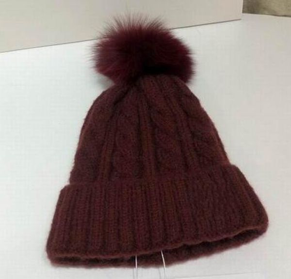

2019 new arrival fashion knitting cotton hats women winter warm wine red long hats with hair ball hat with box, Blue;gray