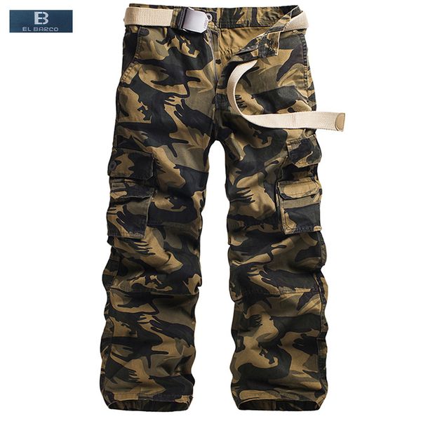 

el barco] cotton men cargo pants casual autumn camouflage white grey khaki army green soft male long loose trousers, Black