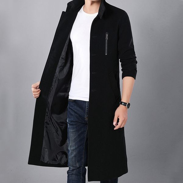 

mens wool coat mens double breasted quilted jackets wool trench coat fashion casual youth popular, Black