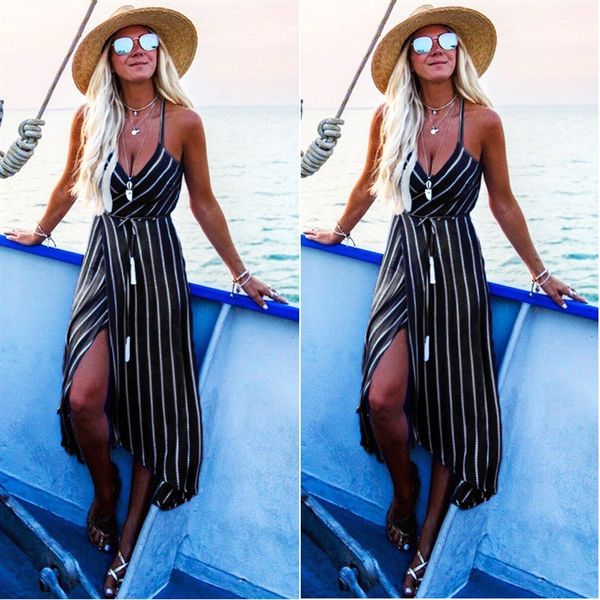 

new women boho maxi long beach dress 2020 summer striped halter v-neck club party dress sundress irregular bohemian dresses, White;black