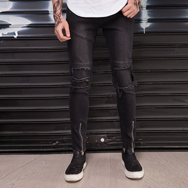 

new design jeans for men stretch denim pants zipper biker jean male full length hiphop plus size black jeans, Blue