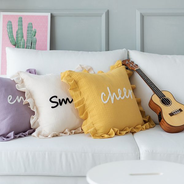 

solid color ruffle fringes embroidered pillowcase cotton fabric cushion cover sofa throw pillow cover bed household decor