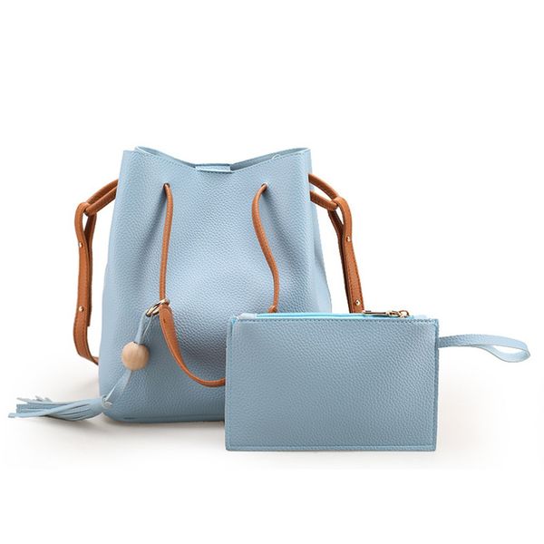 

blue new handbag bolso mujer fashion women hand bags sac leather tassels single shoulder bucket bag clutch bag 1set torebka #c12