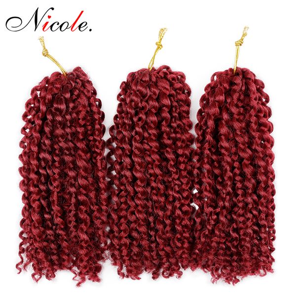 

nicole 8inch 3pcs/set marly braid synthetic braiding hair with ombre wine red kinky curly wavy malibob crochet hair extensions, Black