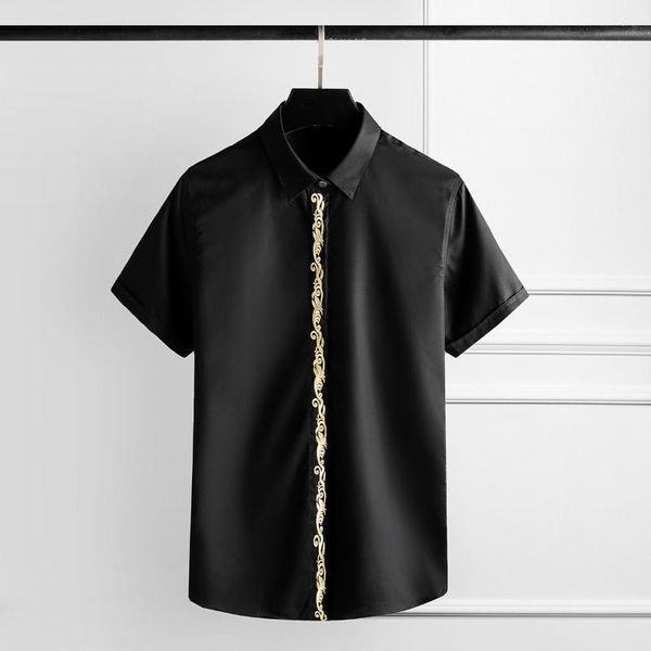 

minlgu хлопок мужская мода планка вышитая с королевским рисунком мужское платье с коротким рукавом slim fit мужская рубашка -4xl, White;black