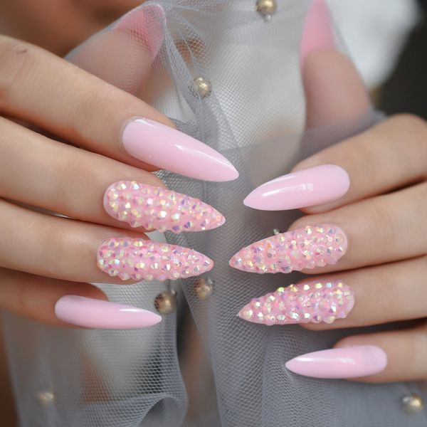 

long pink rhinestone 3d fake nail tips sparkling stiletto shiny full cover false nail gorgeous long sharp tips, Red;gold