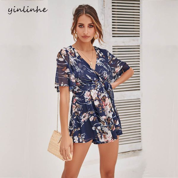 

yinlinhe blue floral overalls women short sleeve beach chiffon playsuit summer v neck rompers with belt boho jumpsuit 840, Black;white