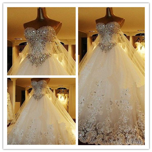 

luxurious rhinestone lace wedding dresses sweetheart tulle beach bridal gown robe de mariee strapless floor length wedding dress, White