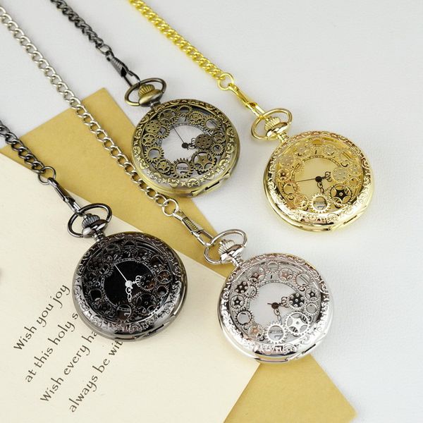 

vintage hollowed gear quartz pocket watch with chain men women pendant gift watches 4 colours wholesale, Slivery;golden