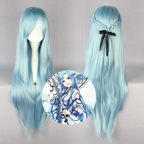 Toptan ücretsiz shipping80cm sao alo titania yuuki asuna su perisi uzun düz aqua mavi cosplay tam peruk