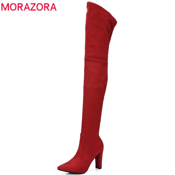 

morazora 2020 new fashion shoes woman pointed toe short plush autumn boots flock zipper high heels over the knee boots black