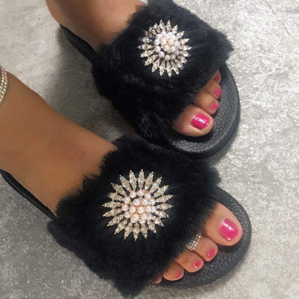 

spring summer soft plush slippers women party casual shoes with pearl lightweight outdoor indoor slipper 2020 female slates, Black