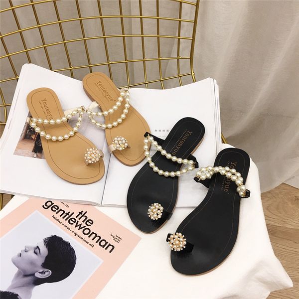 

slippers casual shoes summer woman string bead rubber flip flops slides beach hawaiian soft flat rome fabric pu, Black