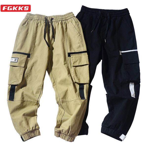 

fgkks fashion brand men cargo pants street trend big pocket male cotton ankle-length pants men's solid color casual, Black