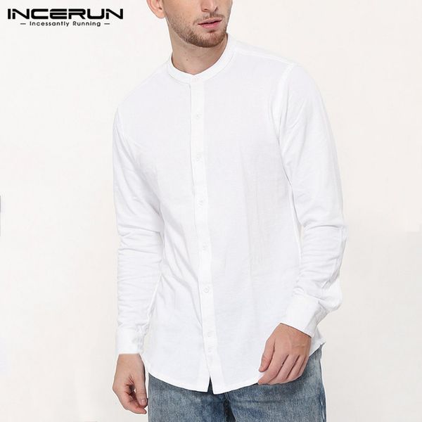 

incerun men casual shirt cotton linen solid stand collar 2019 brand blouse long sleeve chic retro business shirt men streetwear, White;black