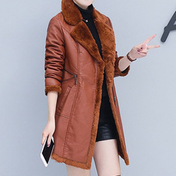 

plus size leather jacket women suede coat female 2019 winter long sleeve faux leather coat motorcycle fur jacket ladies pu#j30, Black