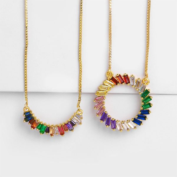 

fashion rainbow necklace woman colorful bar cz stone zircon necklace collar gold round pendant wedding jewelry, Silver