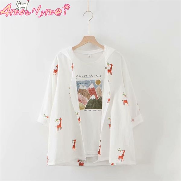 

2019 spring summer women jacket japanese mori girl giraffe printed loose hooded cotton thin cardigan coat sunscreen outerwear, Black;brown