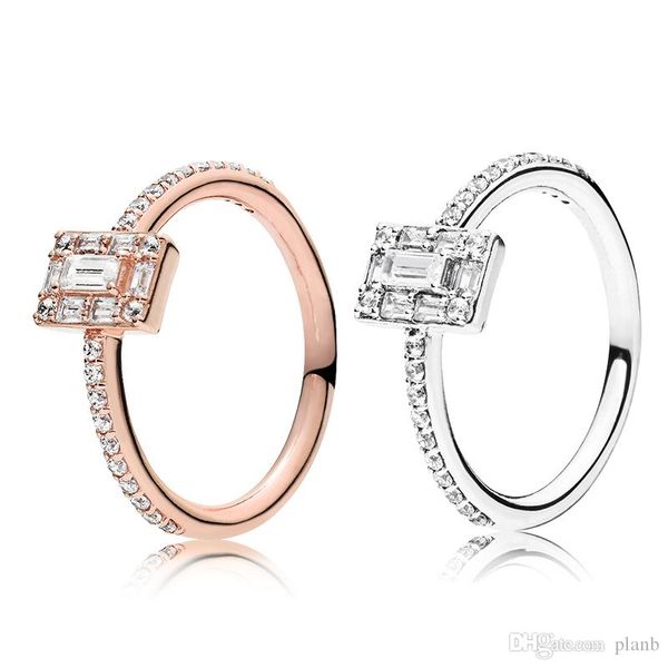 

authentic 925 sterling silver wedding ring jewelry for pandora sparkling square halo ring cz diamond gift rings with original box, Slivery;golden