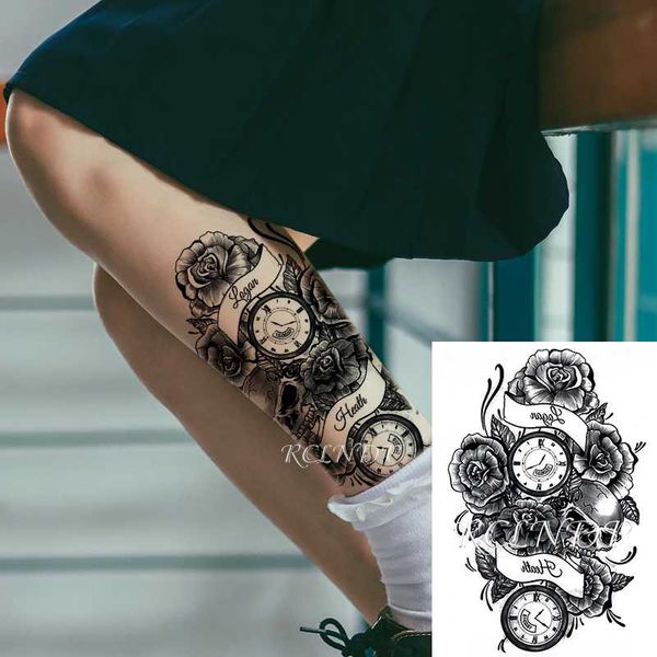 

waterproof temporary tattoo sticker rose flowers clock "logon health" words fake tatto flash tatoo arm leg art for women men