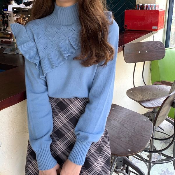 

korean style half turtleneck knitting sweater women sweet ruffles irregular knit pullover shirt female slim sweaters, White;black