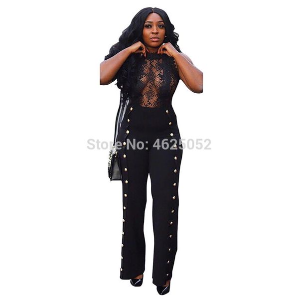 

sheer lace patchwork metal buttons jumpsuit o neck sleeveless women romper wide leg pants night club outfit overall, Black;white